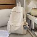 Minimalist cream plaid backpack with plush bear pendant for students and casual travel - White with Pendant