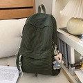 Dark green checkered backpack with large capacity and cute teddy bear keychain charm - Green with Pendant