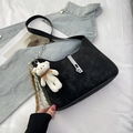 Chic black faux suede underarm bag with silver chain and cute teddy bear charm - Black