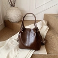 Retro dark brown bucket bag with oil wax leather texture and printed wide strap - Coffee