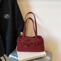 Matte burgundy leather underarm bag with vintage buckle and dual shoulder straps - Burgundy
