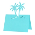 Detail of light blue laser-cut palm tree place card for beach wedding table decor - Teal Blue