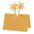 Detail of laser-cut palm tree design on a golden pearlescent paper wedding place card - Gold