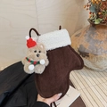 Brown suede mitten-shaped crossbody bag with white fleece trim and festive teddy bear charm - Glove Shape-Coffee (With Bear Charm)