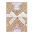 Invito matrimonio oro tagliato al laser con fiocco di seta bianca e inserto floreale - Beige Oro