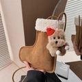 Brown faux suede Christmas stocking shoulder bag with white fleece trim and a teddy bear - Boot Shape-Brown (With Bear Charm)