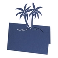 Detail of laser-cut 3D popup navy blue beach coconut tree seating card on white background - Sapphire Blue