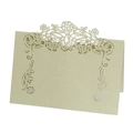 Detail of laser-cut rose patterns on elegant beige pearlescent paper table name cards - Emerald Green