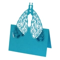Macro shot of laser-cut peacock pattern on cyan-blue foldable wedding place card - Sky Blue