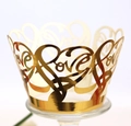 Golden laser-cut cupcake wrapper featuring a Love and heart crown design in pearl paper - Reflective Gold