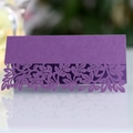 Elegant purple laser-cut place card with intricate leaf pattern for wedding table decor - Dark Purple