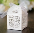Elegant white laser-cut pearlescent paper wedding gift box with white ribbon decoration - White