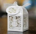 Detail showing laser-cut owl pattern on white pearlescent paper gift box with ribbon - White (With Tag)