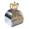 Detailed laser-cut silver candy box featuring lace patterns and a golden crown handle - Reflective Silver
