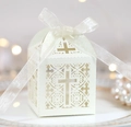 White laser cut cross favor box with ribbon for weddings and religious celebrations - Ivory