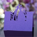Purple laser-cut wedding place card featuring bride and groom silhouette and scrolls - Sapphire Blue