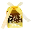 Elegant gold laser-cut rose hollow wedding favor box with a yellow ribbon bow - Reflective Gold