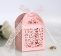 Pink laser-cut wedding candy favor box with pearlescent finish and organza ribbon bow - Pink