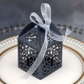 Elegant hollow laser-cut black wedding favor gift box with a silver ribbon bow - Pearlescent Black
