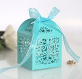 Macro view of laser-cut hollow pattern on tiffany blue wedding candy favor box - Tiffany Blue