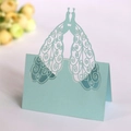 Laser-cut light blue peacock place card with heart detail for wedding table settings - Light Blue