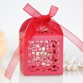 Elegant red hollow-out gift box with laser-cut cross pattern and red organza ribbon bow - Pearlescent Red
