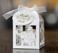 Detailed laser-cut white wedding favor box with elephant pattern and thank you tag - White (With Tag)