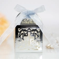 Laser cut silver mirror cross gift box with a light blue organza ribbon bow decoration - Reflective Silver