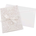 Carte d'invitation florale découpée au laser blanc crème avec ruban élégant et enveloppe - Blanc + Enveloppe Euro