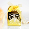 Golden laser-cut wedding favor box with cross pattern and yellow silk ribbon bow - Reflective Gold