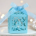 Laser-cut light blue wedding candy box with couple silhouette and silk ribbon bow - Tiffany Blue