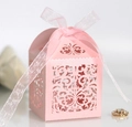 Pink hollow-out laser-cut wedding candy box with pearl paper and matching ribbon - Pink