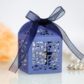 Dark blue laser-cut cross favor box with organza ribbon for weddings and events - Sapphire Blue
