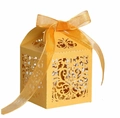 Elegant gold laser-cut hollow wedding candy box with orange chiffon ribbon and floral patterns - Gold