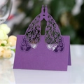 Purple laser-cut peacock place card with intricate hollow design for wedding table setting - Dark Purple