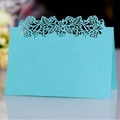 Light blue pearlescent laser cut butterfly place card with elegant hollow rose pattern - Tiffany Blue