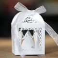 Laser cut white wedding favor box with bride and groom silhouette and ribbon bow - White