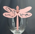 Pink laser-cut dragonfly paper place cards for wedding wine glass decoration with pearl finish - Pink