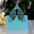 Sky blue laser cut peacock place card with intricate hollow pattern for weddings - Tiffany Blue