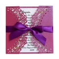 Laser-cut glittery pink invitation card with purple satin ribbon and white inner sheet - Fuchsia & Dark Purple with Large Bow