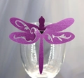 Detail of laser-cut dragonfly name card for wine glasses in metallic purple paper - Dark Purple