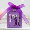 Purple laser-cut wedding candy box with pearl paper finish and organza ribbon bow - Dark Purple