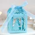 Boîte à dragées mariage bleu ciel avec silhouette découpée au laser et ruban chic - Bleu Tiffany