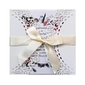 Elegant laser cut white wedding invitation with floral insert and cream satin bow - White with Large Bow