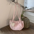 Pink faux leather underarm bag with bow detailing and pearl heart pendant charm - Pink with Pendant