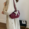 Elegant burgundy velvet shoulder bag featuring white lace bows and pearl charms for women - Red with Pendant