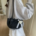 Chic black drawstring bucket shoulder bag with pearl heart and lace ribbon charms - Black with Pendant