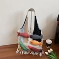 Boho knit tote bag in cream with colorful 3D fish charms and bottom fringe detail - White