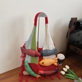 Knitted tote bag with 3D colorful fish charms and red fringe trim detail - Red