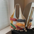Retro knit tote bag with colorful 3D fish charms and fringe tassels in cream yellow blue - Khaki